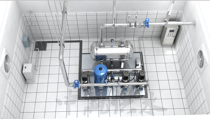   全自动变频恒压供水设备在地下室泵房内示意图